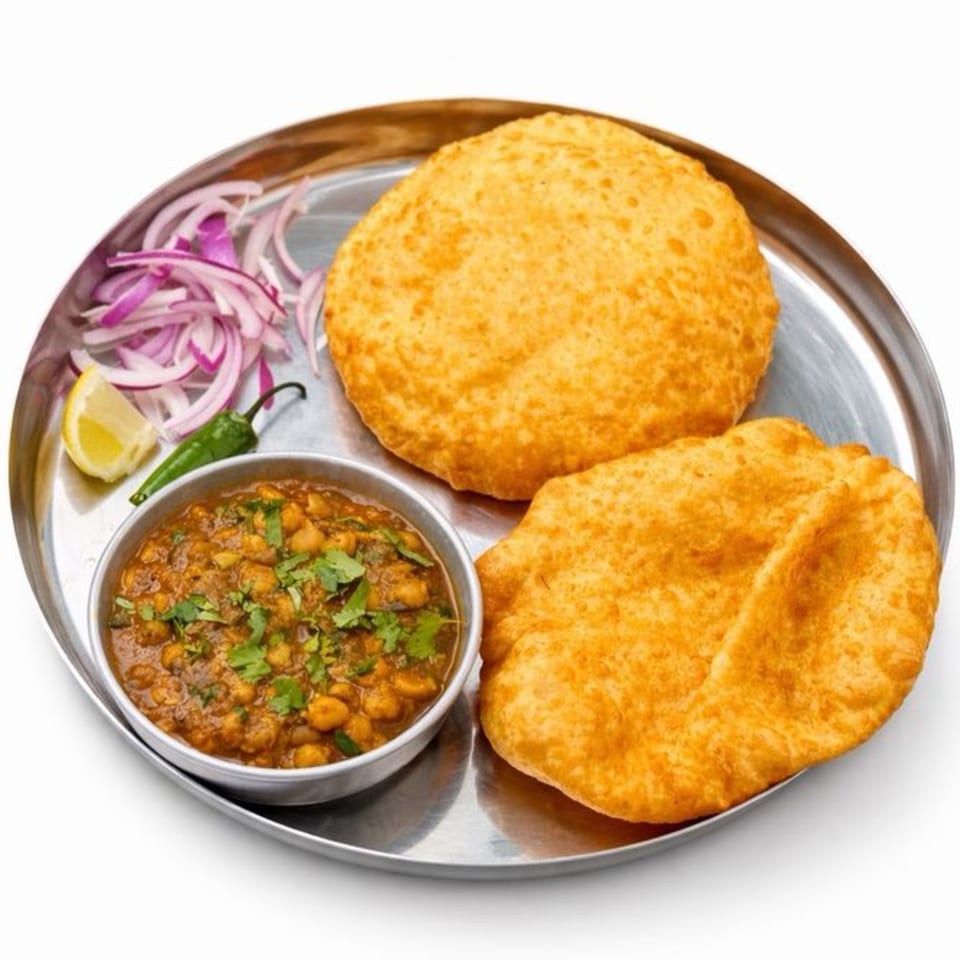 Two golden fried puris with a bowl of chana masala, sliced red onions, lemon, and chili.