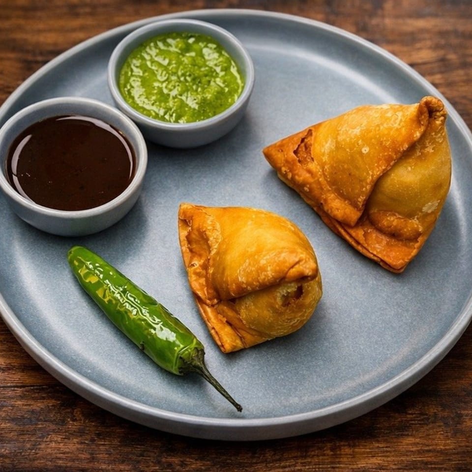 Two golden-brown samosas with green and brown chutneys, and a green chili on a grey plate.