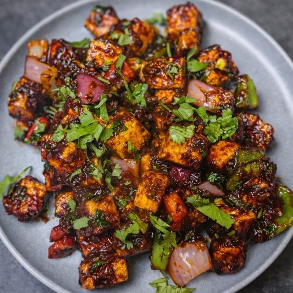 Chilli Paneer, an Indo-Chinese dish with paneer, onions, and bell peppers in a dark sauce, garnished with cilantro.