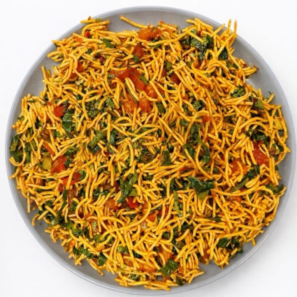 A plate of golden Indian noodles mixed with green herbs and red vegetables.