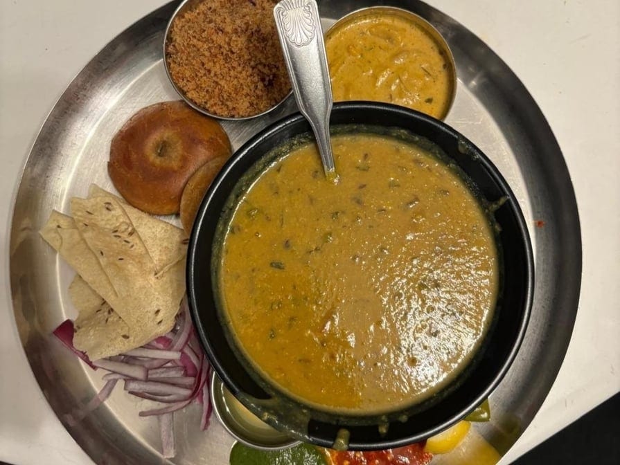 Daal Baati Churma Gatta Combo (2 Baati, 16 Oz Daal, 1 Katori Churma & Gatte Ki Sabzi with Ghee).