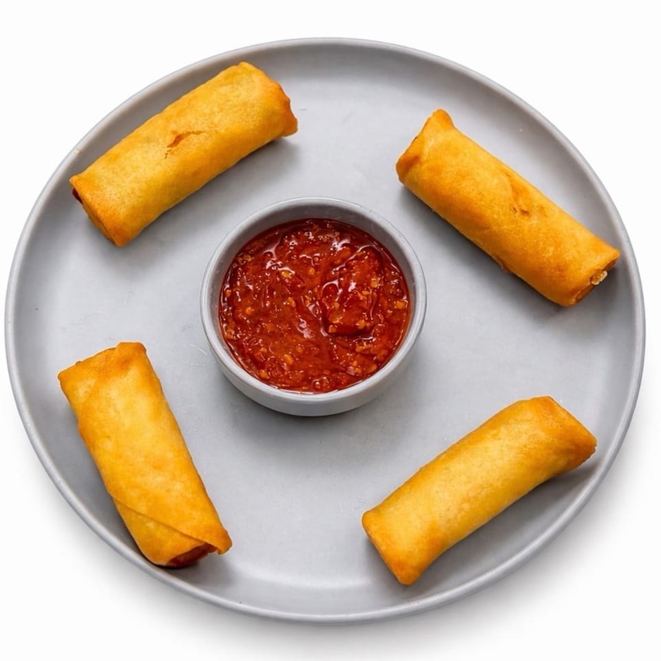 Four golden-fried spring rolls arranged around a small bowl of red chili sauce on a gray plate.